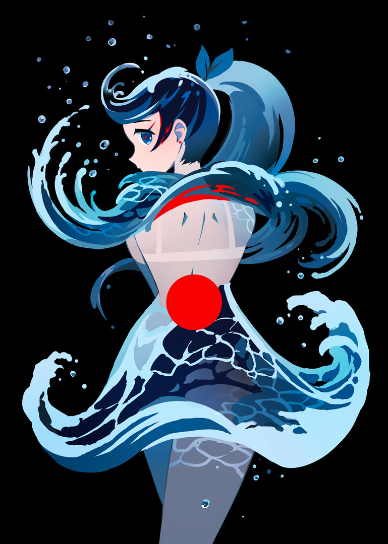 1girl appi back black_background blue_eyes blue_hair cowboy_shot earrings expressionless from_behind jewelry liquid_hair long_hair looking_at_viewer looking_back original ponytail profile red_circle red_earrings shoulder_blades simple_background solo water_drop waves