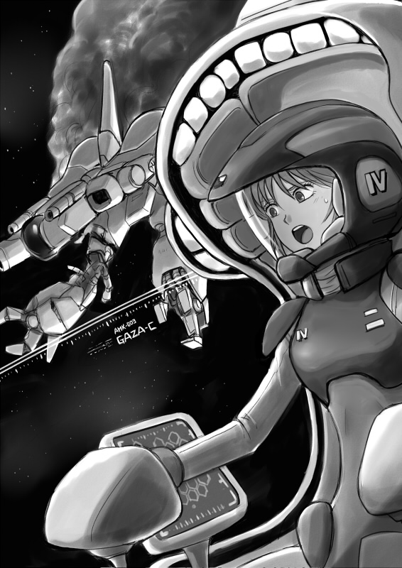 1girl commentary_request gacha-m greyscale gundam gundam_zz mecha monochrome open_mouth pilot_suit smoke solo space