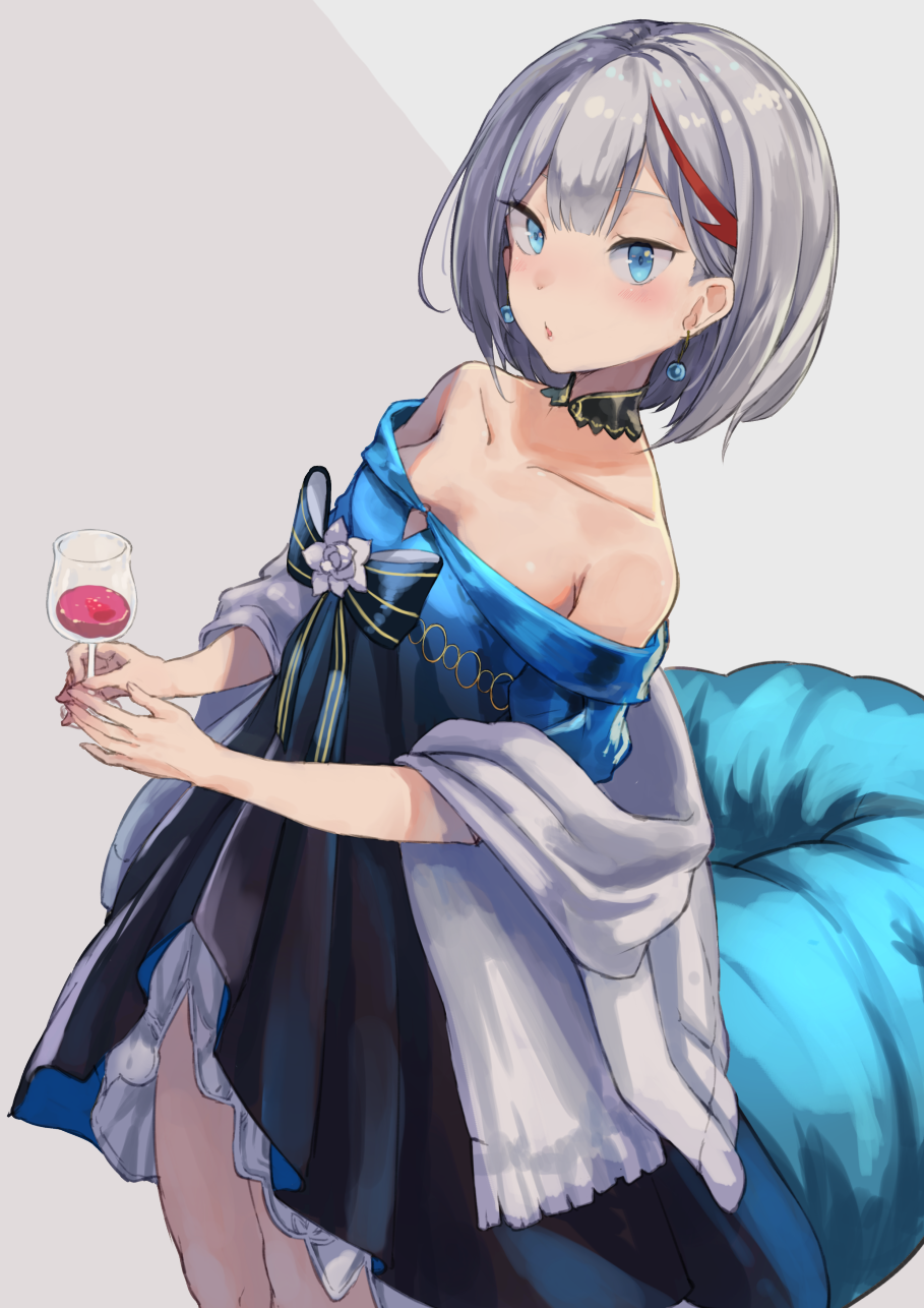 1girl admiral_graf_spee_(a_novel_anniversary)_(azur_lane) admiral_graf_spee_(azur_lane) alcohol azur_lane blue_dress blue_eyes blue_ribbon breasts collarbone commentary_request cowboy_shot cup dress drinking_glass earrings highres holding jewelry looking_at_viewer medium_breasts multicolored_hair off-shoulder_dress off_shoulder parted_lips redhead ribbon shawl short_hair silver_hair solo standing streaked_hair wine wine_glass yu_ni_t