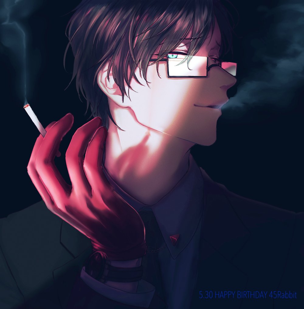 1boy black_background black_suit blowing_smoke blue_eyes brown_hair cigarette formal glasses gloves happy_birthday hypnosis_mic male_focus necktie owo_hpm red_gloves shadow simple_background smoke solo suit upper_body watch watch