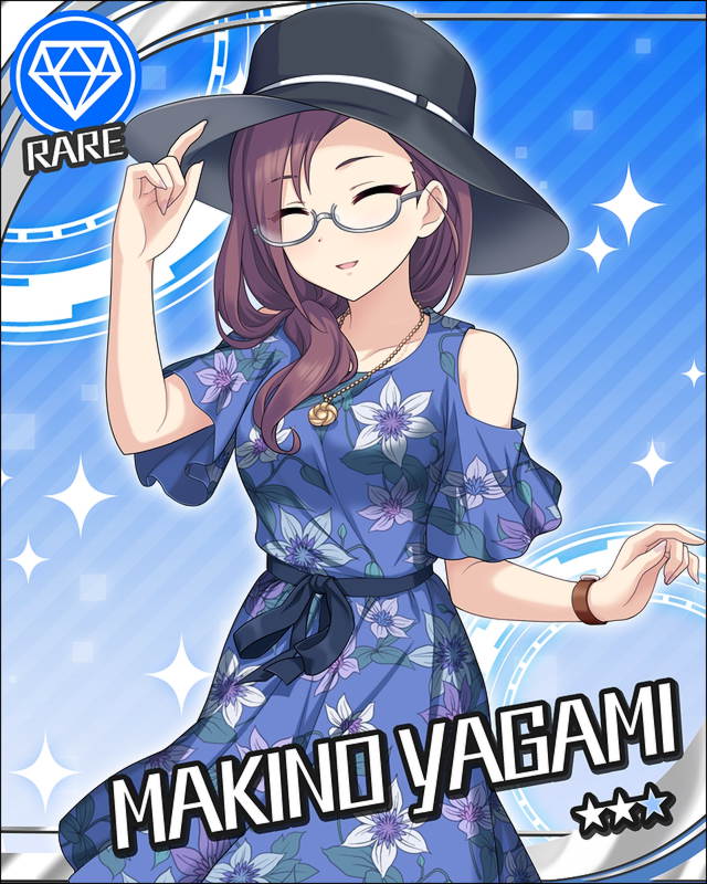 black_hair blush character_name closed_eyes dress glasses hat idolmaster idolmaster_cinderella_girls long_hair smile stars yagami_makino