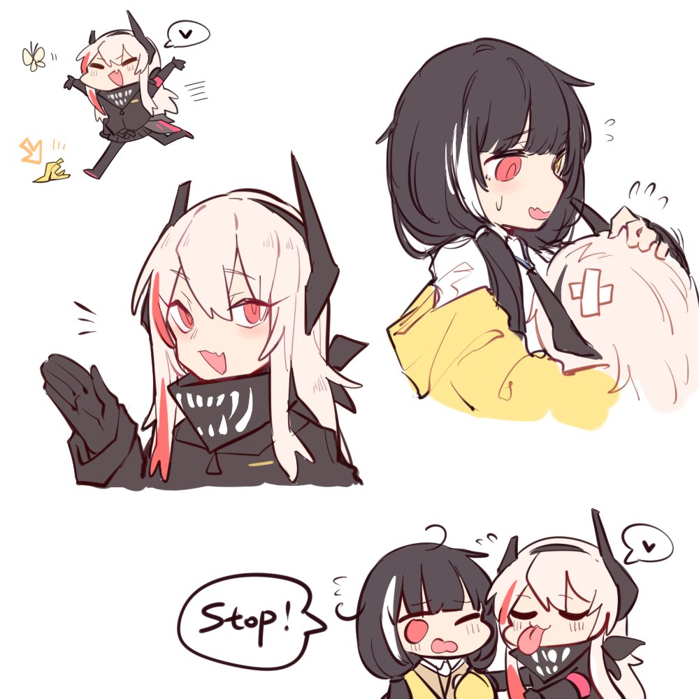 2girls banana_peel bangs black_gloves black_hair bug butterfly closed_eyes girls_frontline gloves headgear heart insect jacket long_hair m4_sopmod_ii_(girls_frontline) multicolored_hair multiple_girls one_eye_closed open_mouth red_eyes ro635_(girls_frontline) simple_background spoken_heart streaked_hair tongue tongue_out white_background white_hair zocehuy