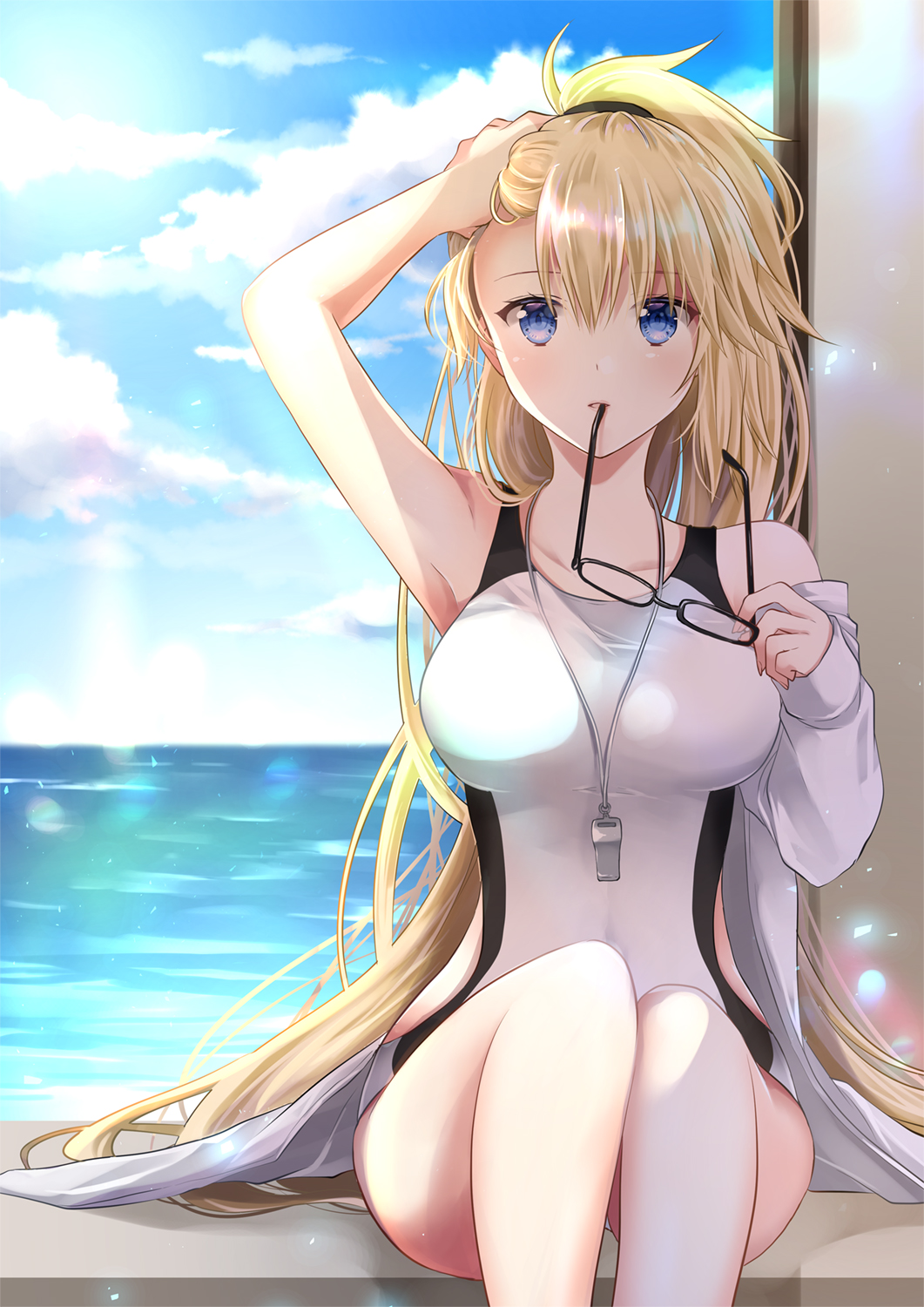 1girl arm_up bare_shoulders black-framed_eyewear blonde_hair blue_sky breasts clouds cloudy_sky commentary_request competition_swimsuit day fate/grand_order fate_(series) fingernails glasses hand_in_hair high_ponytail highres holding holding_eyewear horizon iroha_(shiki) jacket jeanne_d'arc_(fate)_(all) jeanne_d'arc_(swimsuit_archer) large_breasts long_hair ocean off_shoulder one-piece_swimsuit open_clothes open_jacket outdoors ponytail sitting sky solo swimsuit very_long_hair water whistle whistle_around_neck white_jacket white_swimsuit