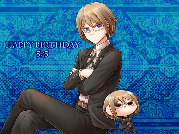 1boy belt belt_buckle black_jacket black_pants blazer blue_eyes brown_belt brown_hair buckle character_doll closed_mouth collared_shirt crossed_arms crossed_legs dangan_ronpa dangan_ronpa_1 dress_shirt glasses green_ribbon happy_birthday invisible_chair jacket long_sleeves looking_at_viewer male_focus neck_ribbon open_blazer open_clothes open_jacket pants ribbon shiny shiny_hair shirt sitting solo togami_byakuya white-framed_eyewear white_shirt wing_collar yumaru_(marumarumaru)