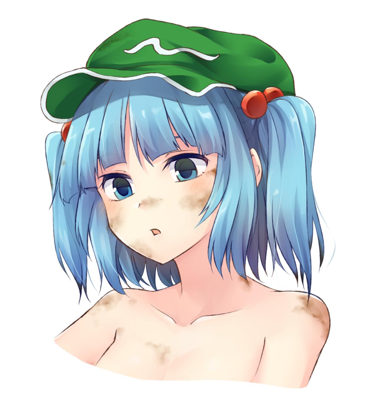 1girl bangs blue_eyes blue_hair blush breasts cabbie_hat collarbone commentary cropped_shoulders dirty dirty_face green_headwear hair_bobbles hair_ornament hat highres kawashiro_nitori medium_breasts miyo_(ranthath) nude parted_lips portrait short_hair sidelocks simple_background solo touhou two_side_up white_background