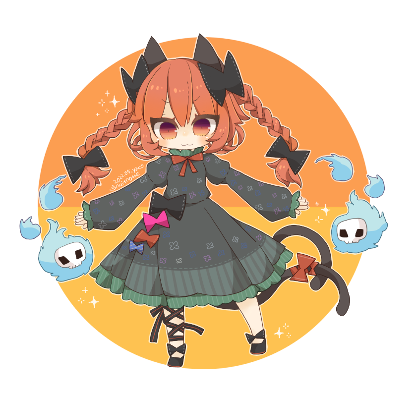 1girl :3 animal_ears black_bow blush bow braid cat_ears cat_tail chibi dress floating_skull full_body hair_bow hitodama kaenbyou_rin long_hair long_sleeves looking_at_viewer multiple_tails nekomata red_eyes redhead ribbon solo tail touhou twin_braids two_tails v-shaped_eyebrows yaco_(nuitnotte)