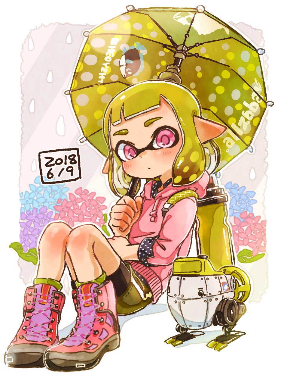 1girl ankle_boots autobomb_(splatoon) bangs black_shorts black_skirt blunt_bangs boots closed_mouth commentary cross-laced_footwear domino_mask drawstring flower green_hair harutarou_(orion_3boshi) highres holding holding_umbrella holding_weapon hood hoodie ink_tank_(splatoon) inkling inkling_(language) lace-up_boots leaning_back light_frown logo long_sleeves looking_at_viewer mask miniskirt pink_footwear pink_shirt pointy_ears polka_dot print_skirt rain shadow shirt shorts shorts_under_skirt single_vertical_stripe sitting skirt solo splat_brella_(splatoon) splatoon_(series) splatoon_2 tentacle_hair umbrella violet_eyes weapon