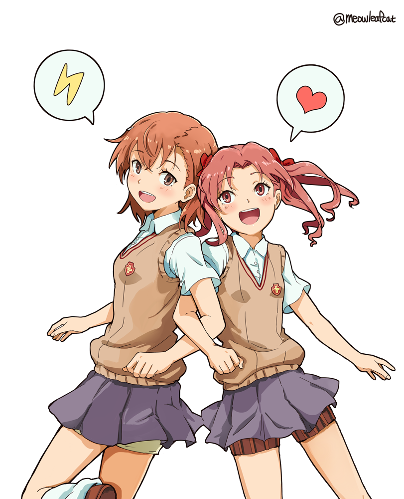 2girls armband ascii_media_works brown_eyes brown_footwear brown_hair dengeki_bunko grey_skirt ha_neko heart j.c._staff lighting lightning_bolt loafers locked_arms loose_socks misaka_mikoto multiple_girls open_mouth round_teeth school_uniform shirai_kuroko shoes shorts shorts_under_skirt simple_background skirt smile speech_bubble spoken_heart sweater_vest teeth thigh_strap thunder to_aru_kagaku_no_railgun to_aru_majutsu_no_index tokiwadai_school_uniform tokyo_mx twintails upper_teeth white_background