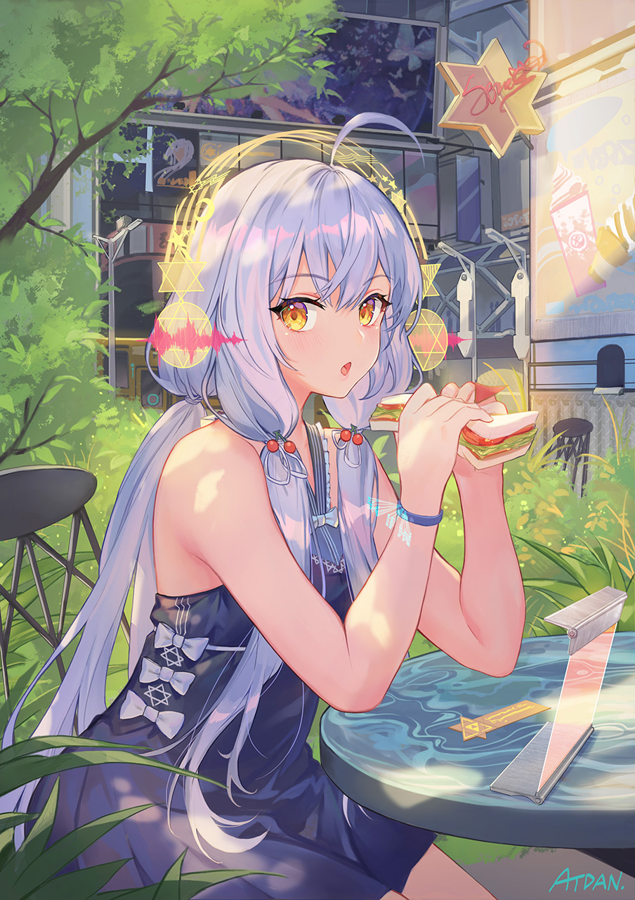 1girl :o ahoge artist_name atdan bare_arms bare_shoulders blue_dress bow building chair cherry_hair_ornament commentary dress flag food food_themed_hair_ornament hair_ornament hands_up highres holding holding_food lavender_hair long_hair looking_at_viewer low_twintails open_mouth orange_eyes outdoors sandwich sitting sleeveless sleeveless_dress solo table tree twintails vocaloid white_bow wristband xingchen