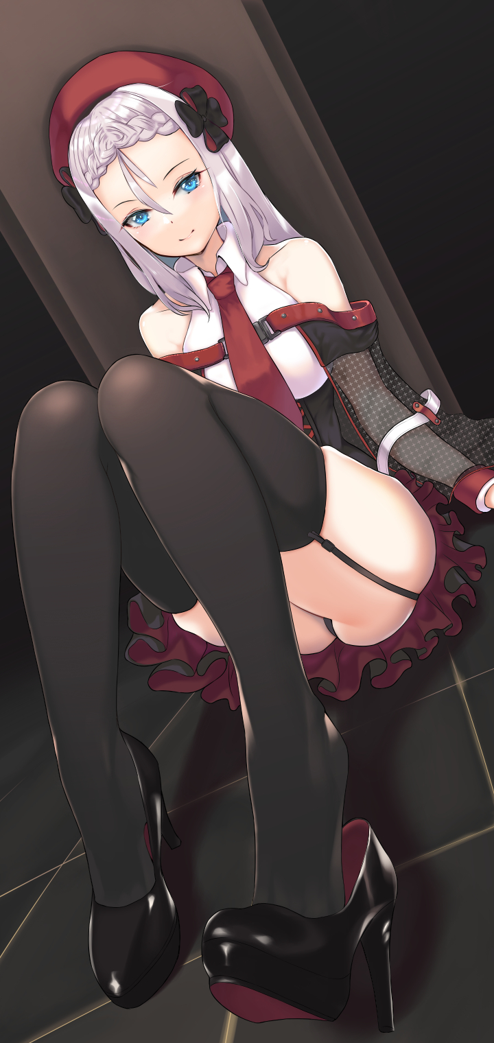 1girl ass bare_shoulders beret black_footwear black_legwear black_panties blue_eyes braid french_braid frilled_skirt frills garter_straps girls_frontline hair_between_eyes hat high_heels highres jamgom long_hair looking_at_viewer mod3_(girls_frontline) mp5_(girls_frontline) necktie panties red_headwear red_neckwear shoe_dangle sitting skirt smile solo thigh-highs thighs tile_floor tiles underwear white_hair