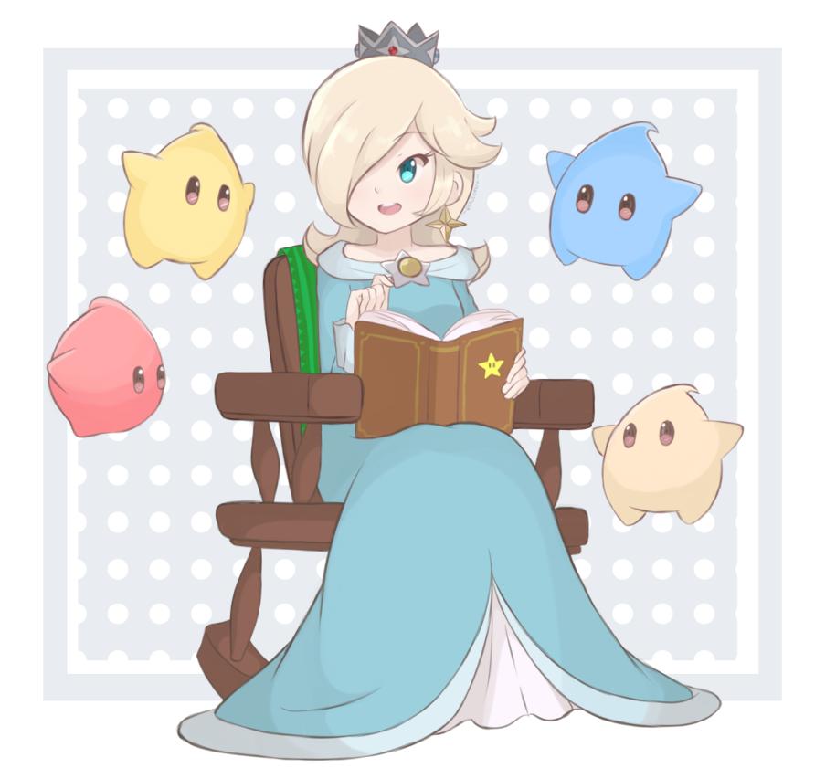 1girl blonde_hair blue_dress blue_eyes book chair chiko_(mario) chocomiru commentary crown dress earrings english_commentary full_body hair_over_one_eye jewelry long_hair long_sleeves super_mario_bros. open_book open_mouth polka_dot polka_dot_background rocking_chair rosalina sitting smile star star_earrings storybook super_mario_galaxy