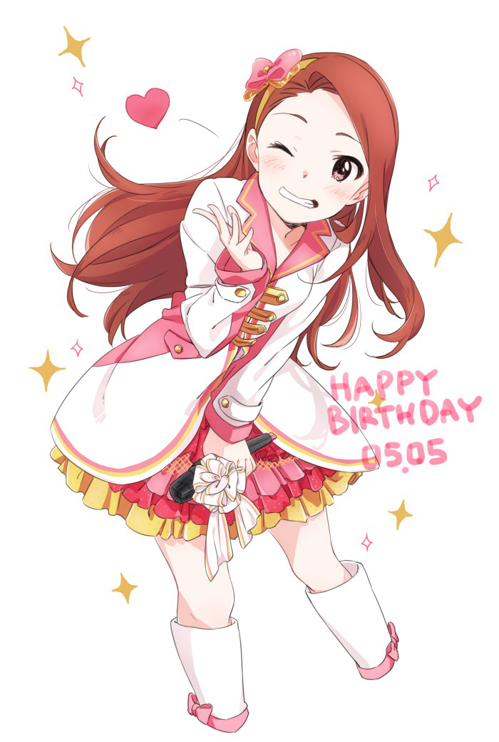 1girl boots brown_eyes brown_hair cropped_legs demirinz floating_hair grin happy_birthday heart holding holding_microphone idolmaster idolmaster_(classic) knee_boots layered_skirt leaning_to_the_side long_hair long_sleeves looking_at_viewer microphone minase_iori miniskirt one_eye_closed simple_background skirt smile solo very_long_hair white_background white_coat