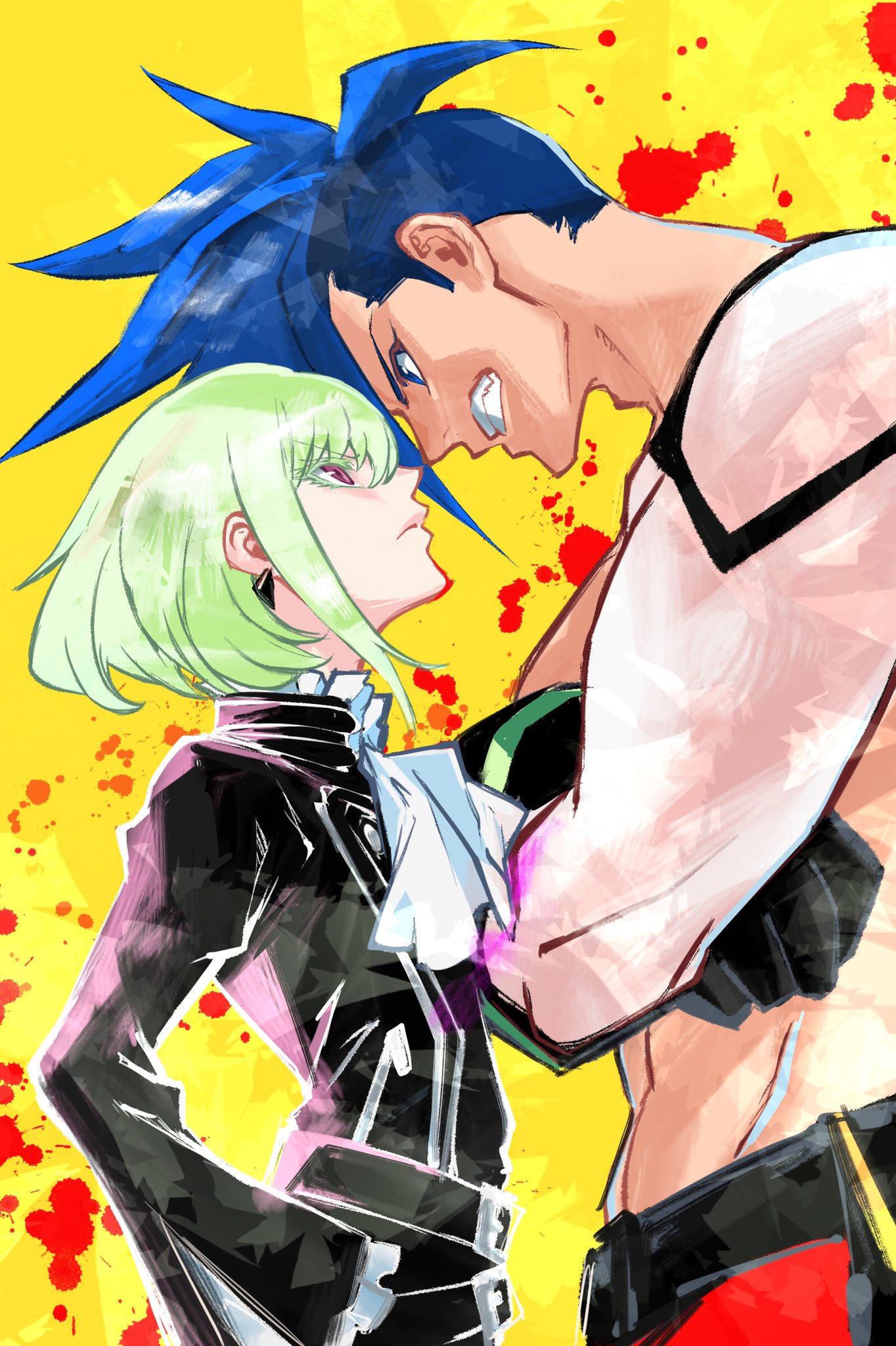 2boys black_gloves black_jacket blonde_hair blue_eyes blue_hair chest cravat crossed_arms galo_thymos gloves half_gloves hand_on_hip highres jacket lio_fotia looking_at_another male_focus multiple_boys promare shirtless smile spiky_hair stare_down sukeno_yoshiaki violet_eyes