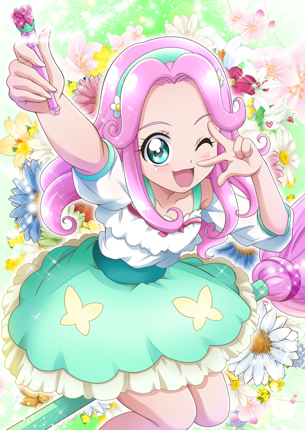 1girl ;d animal_print aqua_skirt arm_up blue_eyes blue_hairband butterfly_print collarbone daisy flower hair_flower hair_ornament hairband hanami_kotoha hanzou highres holding long_hair looking_at_viewer mahou_girls_precure! miniskirt one_eye_closed open_mouth pink_hair precure print_skirt shiny shiny_hair shirt short_sleeves skirt smile solo w_over_eye white_flower white_shirt