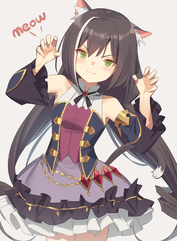 1girl :3 animal_ear_fluff animal_ears bangs bare_shoulders black_hair blue_sleeves blush cat_ears claw_pose closed_mouth commentary_request cowboy_shot detached_sleeves eyebrows_visible_through_hair green_eyes grey_background hair_between_eyes hands_up kyaru_(princess_connect) long_hair long_sleeves low_twintails multicolored_hair princess_connect! princess_connect!_re:dive purple_skirt shirt simple_background skirt sleeveless sleeveless_shirt solo streaked_hair twintails v-shaped_eyebrows very_long_hair white_hair white_shirt yura_(botyurara)