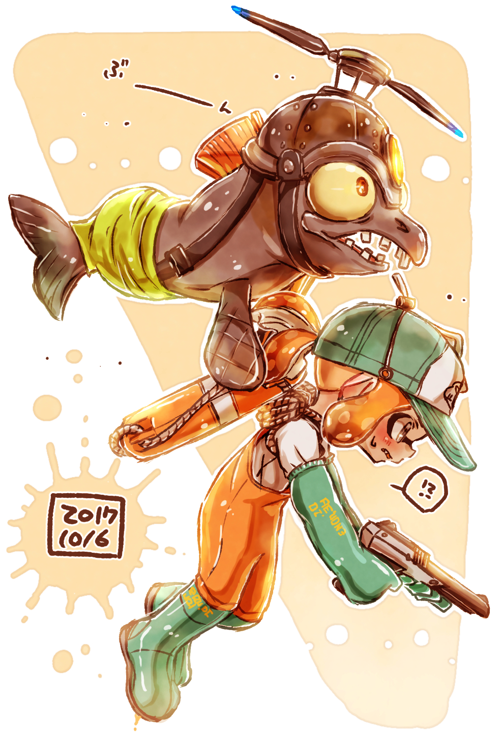 !? 1girl baseball_cap boots carrying dated domino_mask flying from_side frown gloves green_footwear green_gloves green_headwear grimace harutarou_(orion_3boshi) hat highres holding holding_weapon inkling lifebuoy long_sleeves mask medium_hair n-zap_(splatoon) orange_eyes orange_overalls overalls paint_splatter pointy_ears ponytail print_hat propeller_hat rubber_boots rubber_gloves salmon_run salmonid shirt solo splatoon_(series) splatoon_2 spoken_interrobang sweatdrop tentacle_hair weapon white_shirt