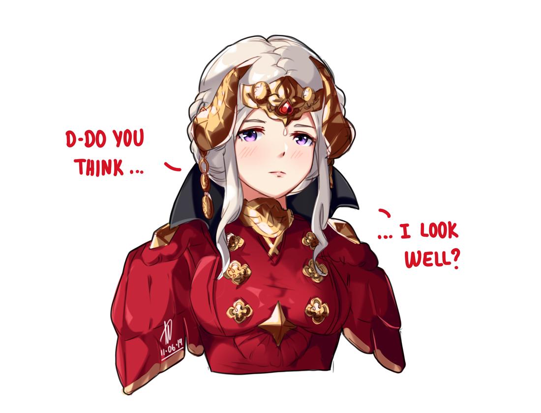 1girl blush braid breasts closed_mouth commentary conope crown double_bun dress earrings edelgard_von_hresvelgr_(fire_emblem) english_commentary english_text fire_emblem fire_emblem:_three_houses gold_trim hair_ornament horn_ornament horns jewelry lips looking_at_viewer medium_breasts older ornament red_dress serious short_hair signature simple_background solo violet_eyes white_background white_hair