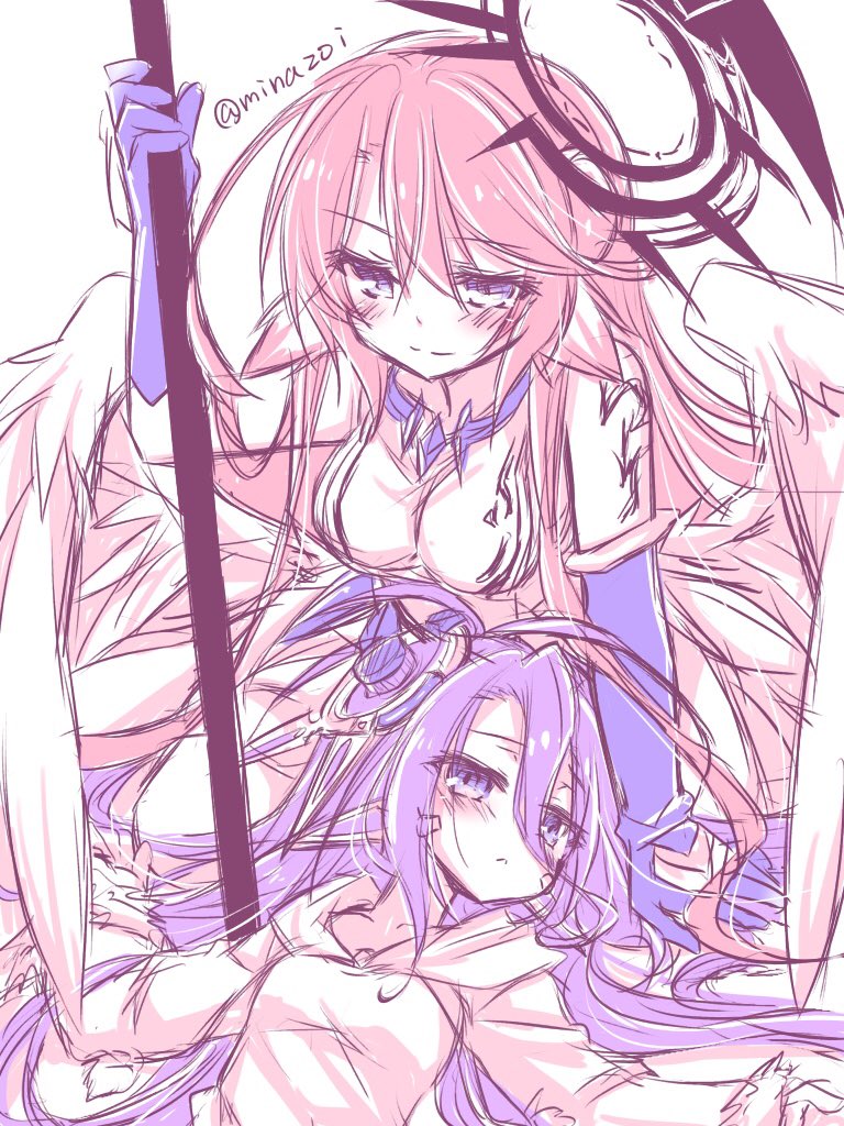 2girls angel_wings arm_support blush breasts crop_top feathered_wings gloves hair_between_eyes halo holding holding_scythe holding_weapon jibril_(no_game_no_life) large_breasts long_hair low_wings magic_circle mechanical_parts minazoi_kuina multiple_girls no_game_no_life pink_hair purple_hair scythe shuvi_(no_game_no_life) sitting sketch tattoo twitter_username very_long_hair violet_eyes weapon white_wings wing_ears wings