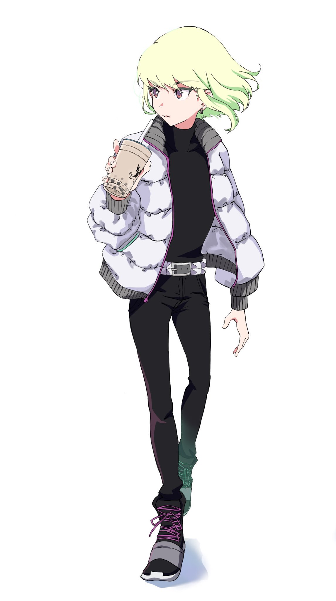 1boy belt blonde_hair bubble_tea casual cup drinking_straw highres holding holding_cup jacket kannoiimituhiko lio_fotia long_sleeves male_focus open_mouth pants promare shoes sneakers solo