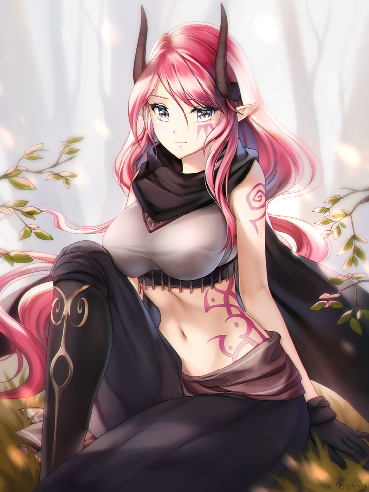 1girl artist_name black_gloves breasts commission gigamessy gloves horns large_breasts long_hair midriff navel original pink_eyes pink_hair pointy_ears smile solo tattoo