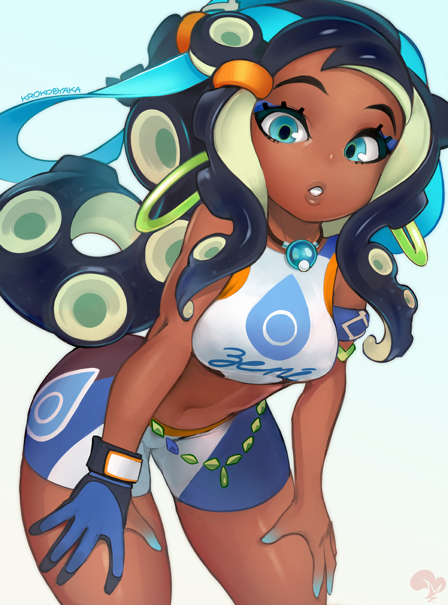 1girl aqua_eyes artist_name bike_shorts black_hair blue_gloves blue_hair breasts dark_skin gloves hands_on_own_thighs highres krokobyaka long_hair looking_at_viewer medium_breasts midriff multicolored_hair navel parted_lips partly_fingerless_gloves pokemon pokemon_(game) pokemon_swsh rurina_(pokemon) single_glove solo splatoon_(series) sports_bra sportswear takozonesu tentacle_hair thighs two-tone_hair