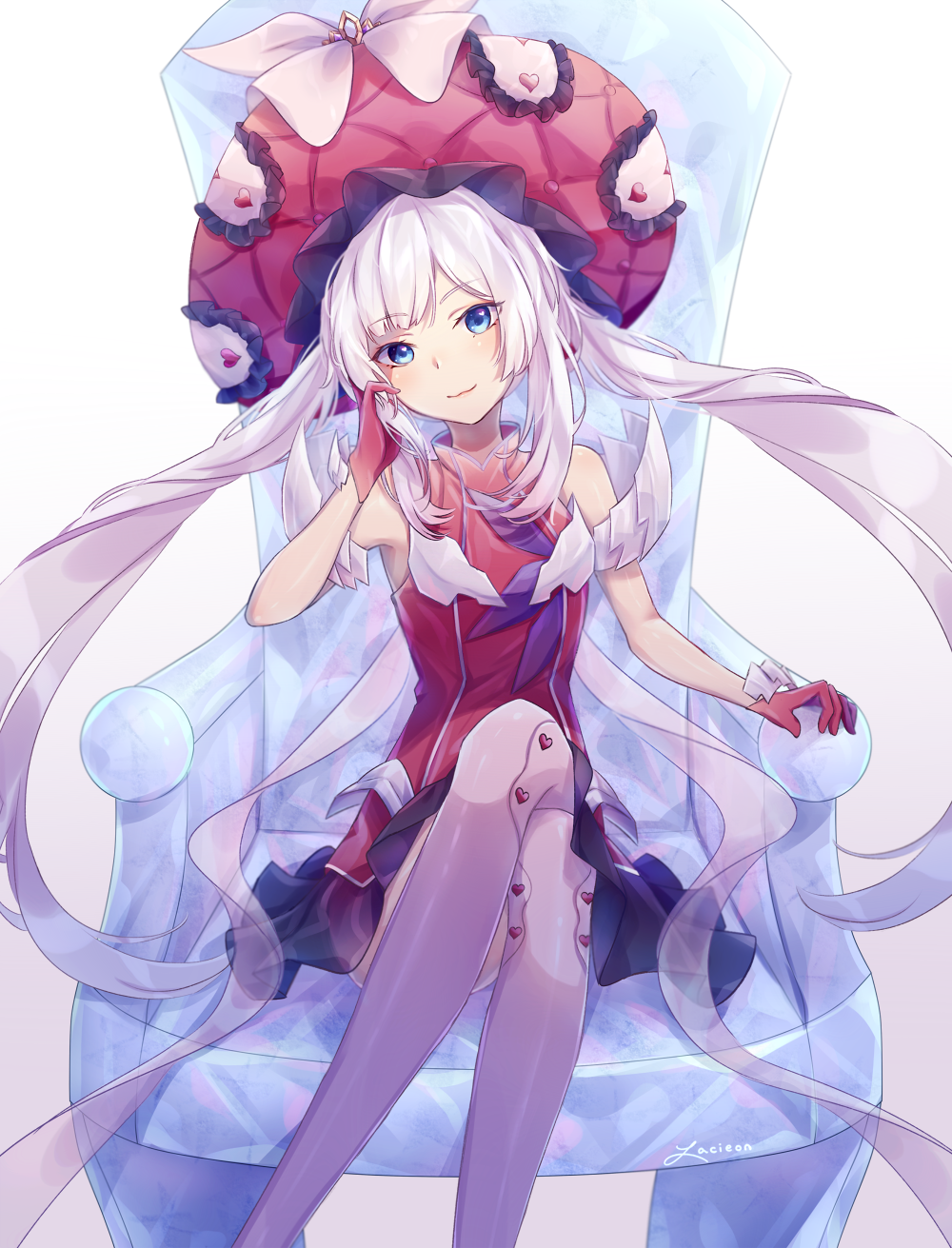 1girl black_skirt blue_eyes closed_mouth crossed_legs fate/grand_order fate_(series) floating_hair gloves grey_legwear hat head_tilt highres jacket lacieon long_hair looking_at_viewer marie_antoinette_(fate/grand_order) miniskirt pleated_skirt red_gloves red_jacket signature silver_hair simple_background sitting skirt sleeveless_jacket smile solo thigh-highs very_long_hair white_background zettai_ryouiki