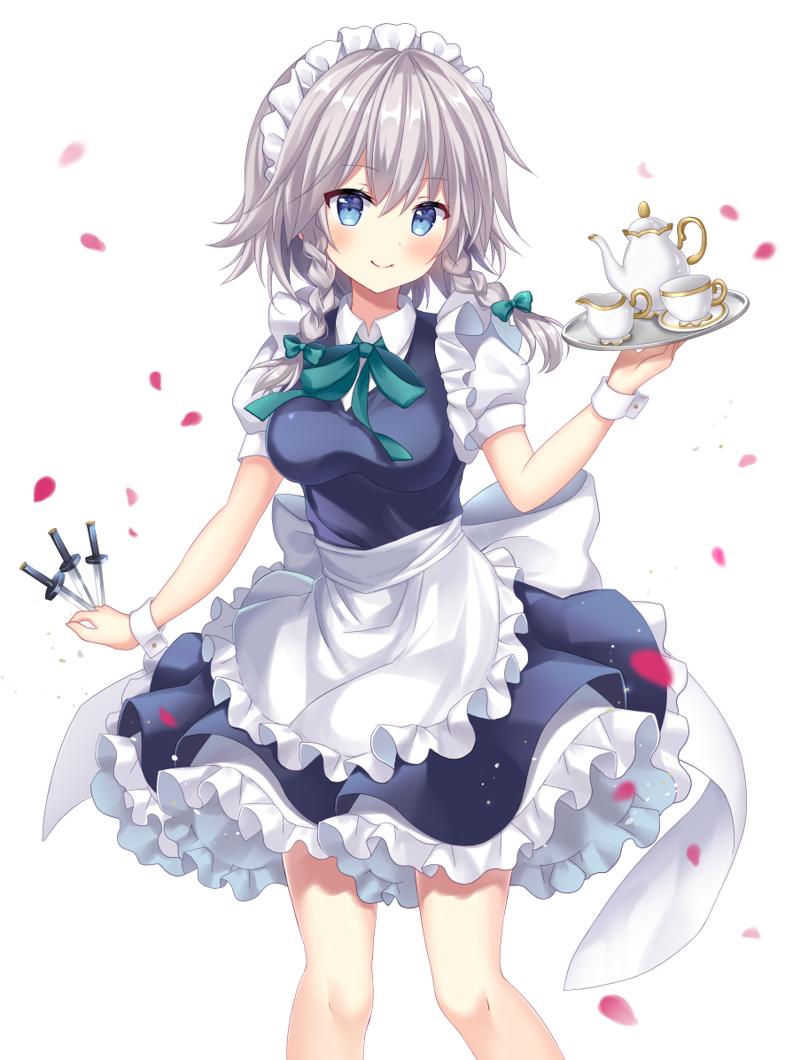 1girl apron bangs blue_eyes blush bow braid breasts commentary cup dress eyebrows_visible_through_hair feet_out_of_frame frilled_apron frills green_bow green_neckwear green_ribbon hair_bow holding holding_knife holding_tray holding_weapon izayoi_sakuya knife knives_between_fingers looking_at_viewer maid maid_apron maid_headdress mayo_(miyusa) medium_breasts neck_ribbon petals petticoat ribbon rose_petals short_dress short_hair silver_hair simple_background smile solo standing taut_clothes taut_dress teacup teapot touhou tray twin_braids waist_apron weapon white_apron white_background wrist_cuffs