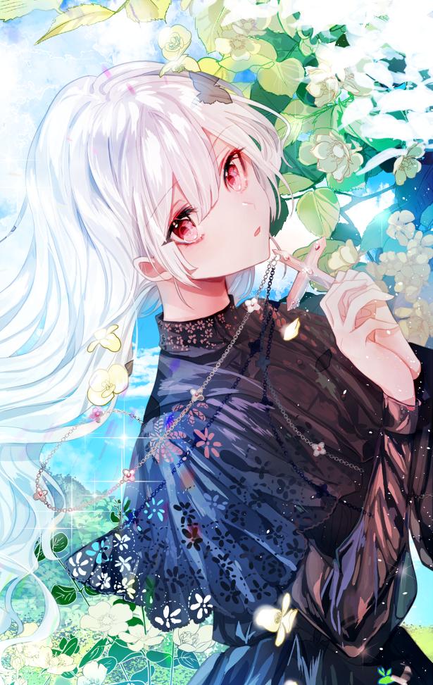 1girl bangs black_clothes black_dress chain commentary cross day dress eyebrows_visible_through_hair eyes_visible_through_hair flower holding_cross leaf long_hair long_sleeves looking_at_viewer open_mouth original own_hands_together red_eyes sete011 solo upper_body white_hair