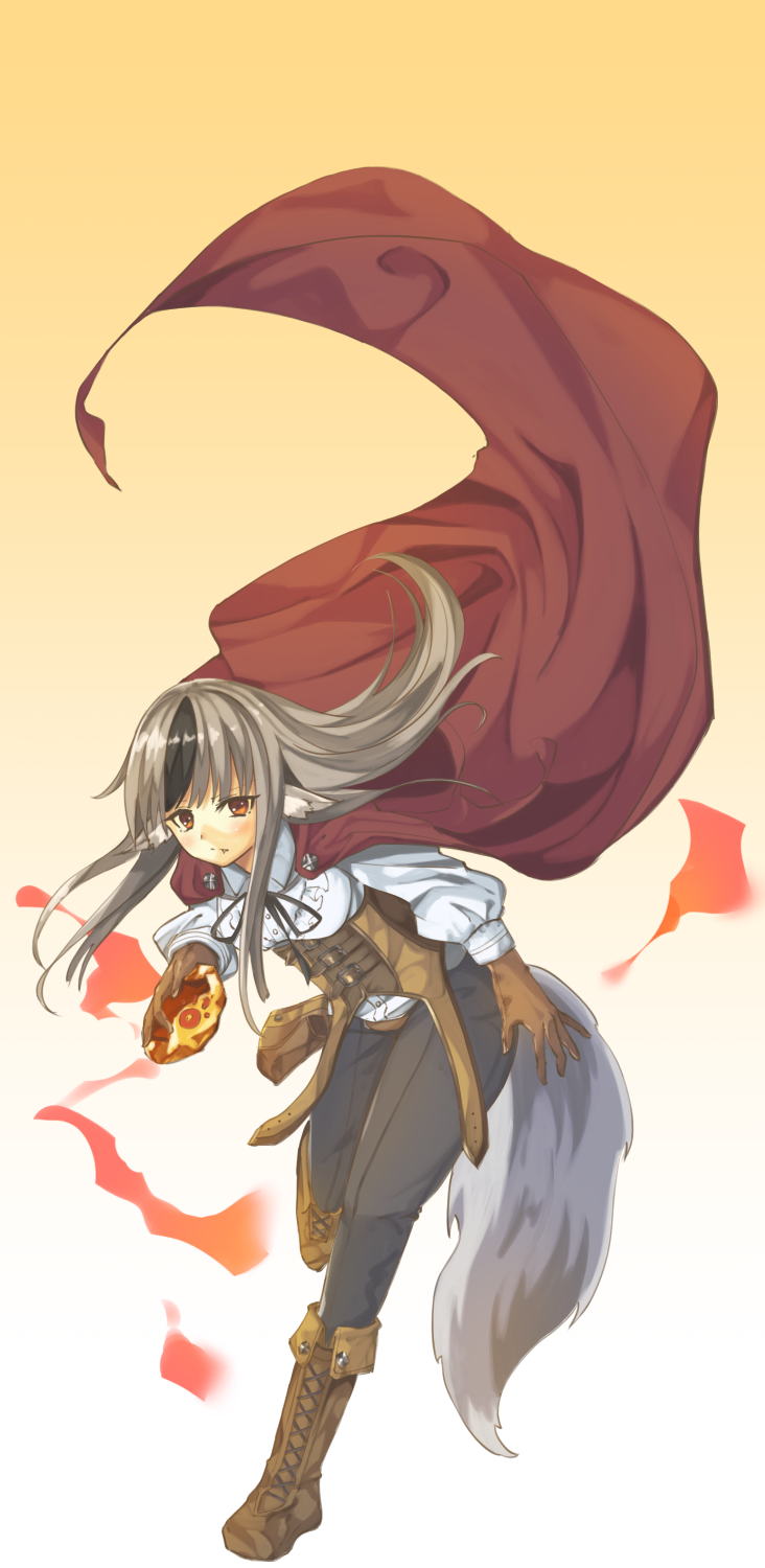 1girl animal_ears black_hair boots brown_gloves cape closed_mouth fang fire_emblem fire_emblem_if full_body fuussu_(21-kazin) gloves gradient gradient_background grey_hair highres holding long_hair long_sleeves multicolored_hair pants simple_background solo stone streaked_hair tail velour_(fire_emblem_if) wolf_ears wolf_tail