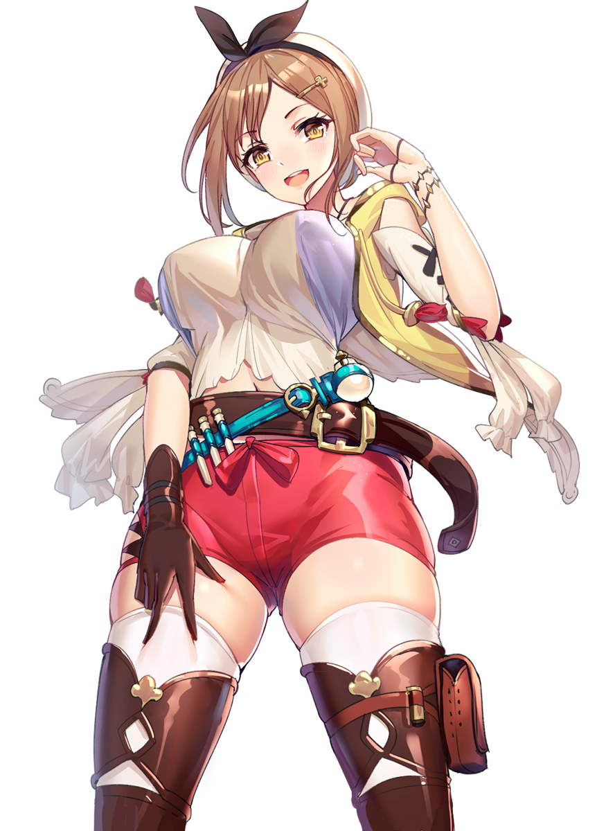 1girl :d atelier_(series) atelier_ryza bangs belt belt_buckle beret blue_belt breasts brown_belt brown_eyes brown_gloves brown_hair buckle commentary gloves hair_ornament hairclip hand_on_own_thigh hand_up hands hat highres hood hood_down hooded_jacket jacket jewelry large_breasts leather leather_belt leather_gloves looking_at_viewer navel necklace open_mouth pouch red_shorts reisalin_stout ririko_(zhuoyandesailaer) round-bottom_flask shirt short_hair shorts shoulder_cutout simple_background single_glove skindentation sleeveless sleeveless_jacket smile solo star star_necklace thigh-highs thigh_pouch thighs white_background white_headwear white_legwear white_shirt wind wristband yellow_jacket