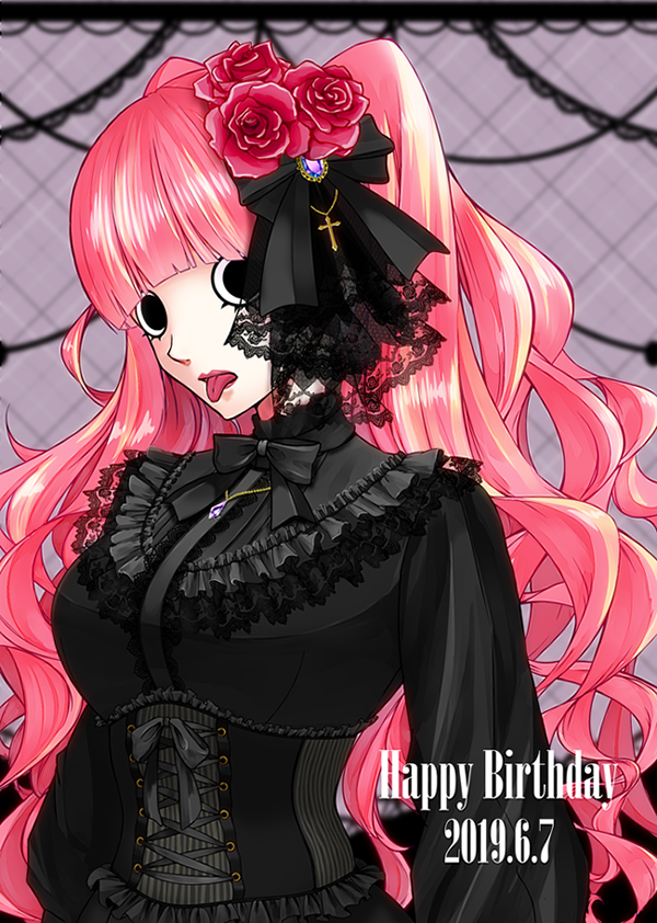 1girl bangs black_corset black_dress black_eyes black_ribbon blunt_bangs co-begi commentary_request corset cross dated dress eyelashes flower frilled_dress frills hair_flower hair_ornament hair_ribbon happy_birthday lipstick long_hair looking_at_viewer makeup one_piece perona pink_flower pink_hair pink_lipstick pink_rose ribbon rose solo tongue tongue_out upper_body wavy_hair