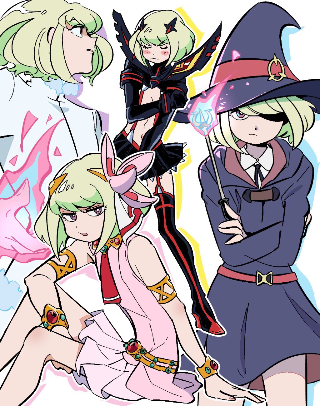 1boy alpha_omega_nova armlet blonde_hair blush closed_eyes cosplay crazy_lon_gerr creator_connection crossdressinging dress flower hair_flower hair_ornament hair_over_one_eye hat highres jewelry kill_la_kill lio_fotia little_witch_academia matoi_ryuuko matoi_ryuuko_(cosplay) midriff nia_teppelin nia_teppelin_(cosplay) parody promare senketsu short_hair skirt suspenders tengen_toppa_gurren_lagann thigh-highs uchuu_patrol_luluco witch_hat