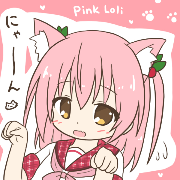 1girl animal_ear_fluff animal_ears bangs blush brown_hair cat_ears eyebrows_visible_through_hair fang flying_sweatdrops hair_between_eyes hair_bobbles hair_ornament hands_up kemonomimi_mode neckerchief open_mouth original outline paw_background paw_pose pink_background pink_hair pink_neckwear red_sailor_collar rinechun sailor_collar school_uniform serafuku shirt short_sleeves solo translated two_side_up white_outline white_shirt