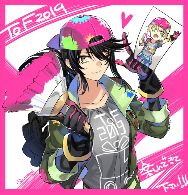 1boy 1girl aonagi_(a-lot-of) black_hair blonde_hair braid breasts brush gloves green_eyes hat jacket laphicet_(tales) long_hair looking_at_viewer medium_breasts official_art one_eye_closed open_mouth paint shirt short_hair smile tales_of_(series) tales_of_berseria velvet_crowe very_long_hair yellow_eyes