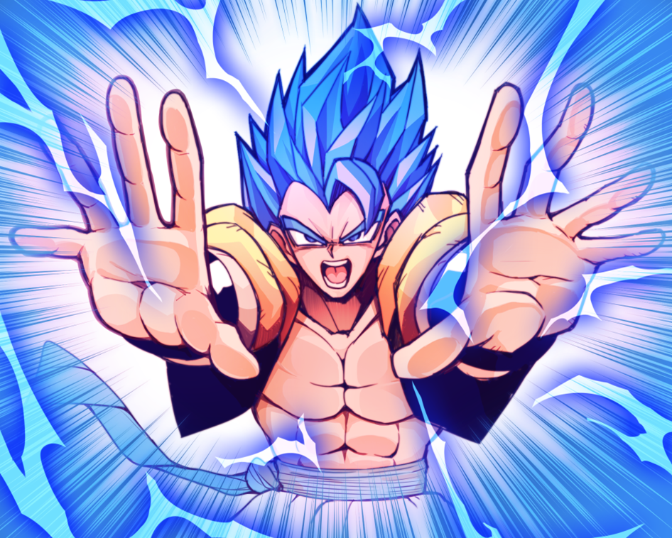 1boy abs blue_eyes blue_hair commentary ditienan_ddn dragon_ball dragon_ball_super dragon_ball_super_broly electricity emphasis_lines gogeta male_focus muscle solo spoilers super_saiyan_blue upper_body vest wristband
