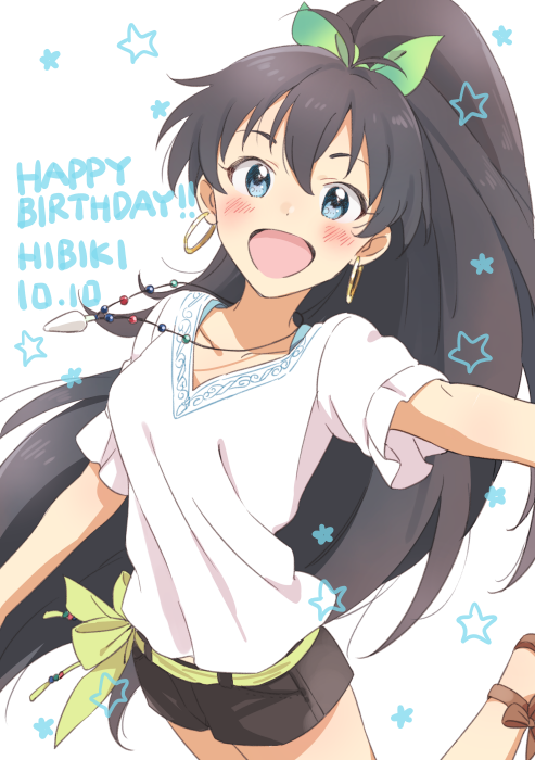 1girl :d ankle_bow black_hair black_shorts blue_eyes blush bow brown_bow character_name collarbone demirinz earrings floating_hair ganaha_hibiki green_bow green_ribbon hair_between_eyes hair_bow happy_birthday high_ponytail idolmaster idolmaster_(classic) jewelry leg_up long_hair looking_at_viewer necklace o-ring open_mouth ribbon shirt short_shorts short_sleeves shorts smile solo standing standing_on_one_leg very_long_hair white_shirt