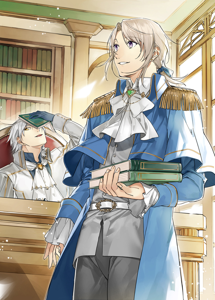 2boys belt black_gloves blue_capelet book bookshelf brooch capelet cravat epaulettes gloves grey_eyes grey_hair grey_pants holding holding_book indoors jewelry light_brown_hair long_sleeves male_focus multiple_boys odayaka_kizoku_no_kyuuka_no_susume. official_art pants ponytail sando_(310_sand) sitting standing white_neckwear window yellow_eyes