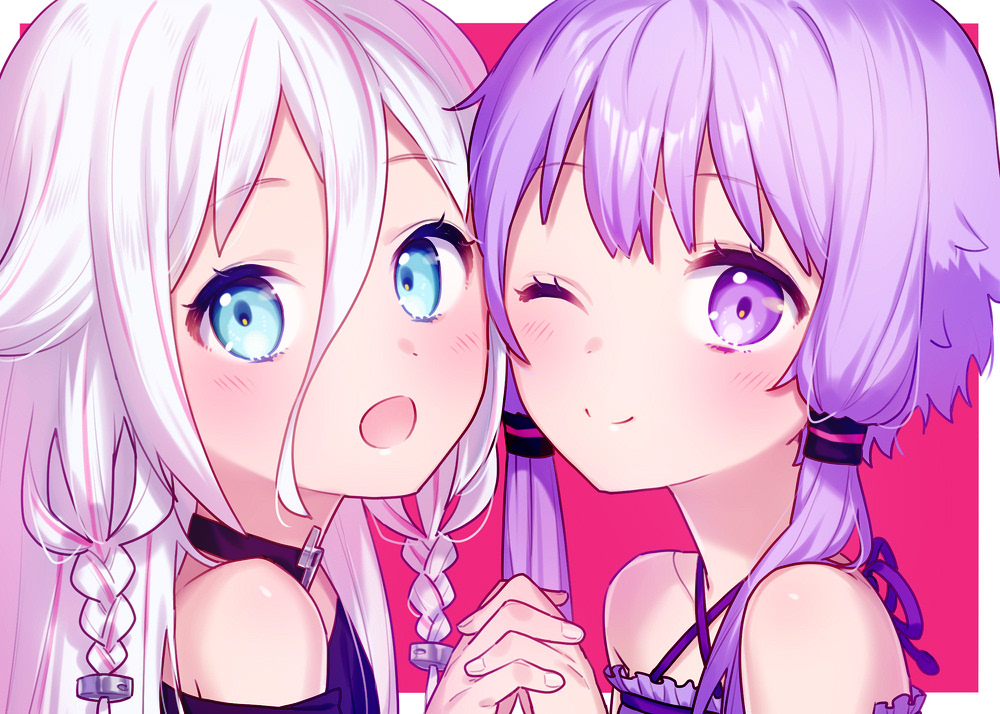 2girls ai_kusunoki aqua_eyes braid close-up collar collarbone commentary hairband halter_top halterneck holding_hands ia_(vocaloid) interlocked_fingers long_hair looking_at_viewer multiple_girls one_eye_closed open_mouth purple_hair short_hair_with_long_locks sidelocks smile twin_braids violet_eyes vocaloid voiceroid white_hair yuzuki_yukari