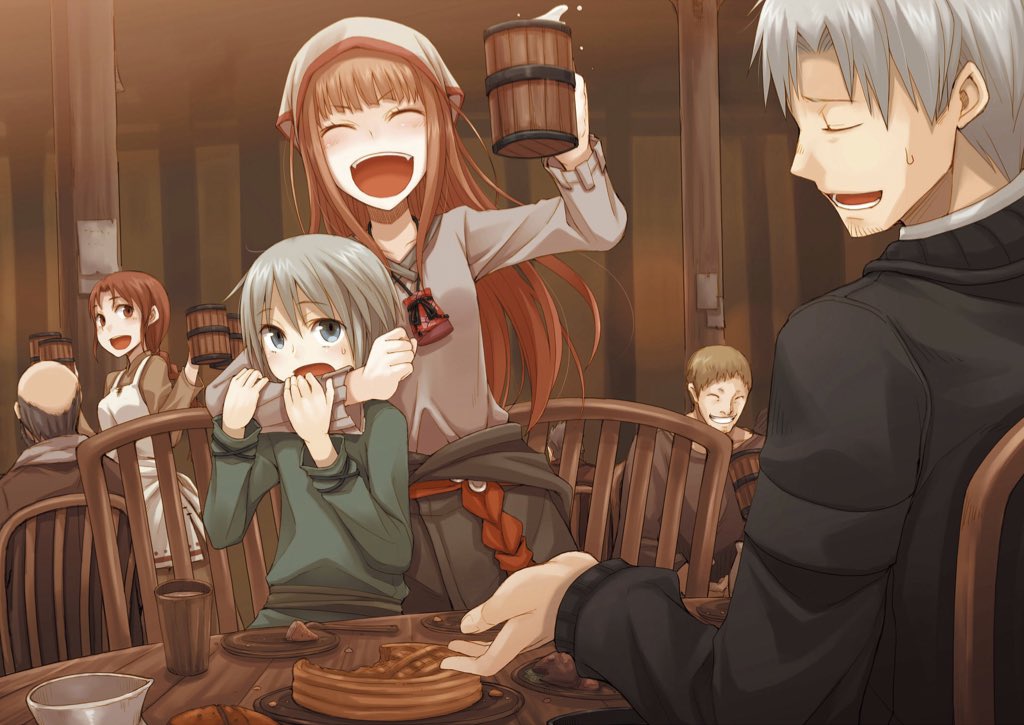 2girls 4boys :d apron ayakura_juu bald black_jacket braided_ponytail brown_eyes brown_hair brown_shirt closed_eyes craft_lawrence floating_hair green_shirt grey_eyes grey_shirt grin helena_(spice_and_wolf) holding holo indoors jacket long_hair long_sleeves multiple_boys multiple_girls open_mouth ponytail shirt silver_hair sitting smile spice_and_wolf standing sweatdrop tavern tote_col v-shaped_eyebrows white_apron
