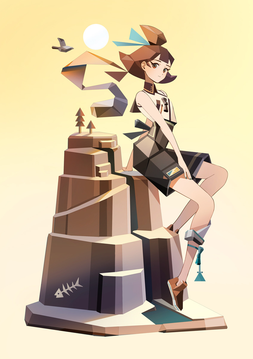 1girl appi bangs bird blunt_bangs brown_footwear fish_skeleton full_body giantess highres looking_at_viewer mountain original shoes short_hair shorts simple_background sitting sleeveless solo sun tree yellow_background yellow_theme