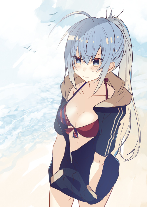 1girl ahoge bangs beach bikini blue_eyes blue_hair breasts eyebrows_visible_through_hair haiselita_aldridge hood hooded_jacket jacket kazutake_hazano outdoors ponytail sand shiro_seijo_to_kuro_bokushi solo swimsuit