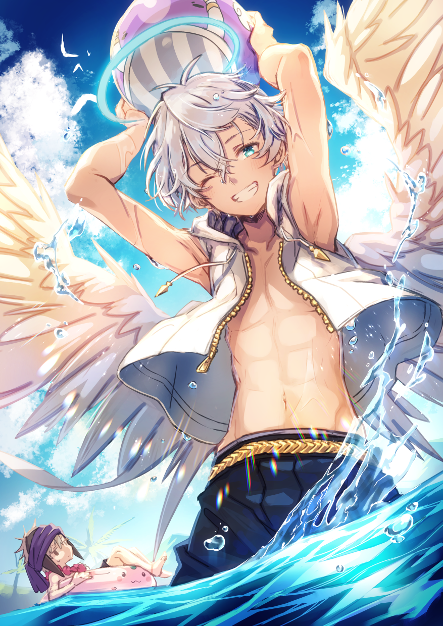 2boys ;d abs angel angel_wings aqua_eyes armpits bangs beach blush clouds cloudy_sky commentary_request day eyebrows_visible_through_hair feathered_wings flower flower_necklace from_above grin hair_between_eyes halo headband hero_(merc_storia) highres innertube jacket jewelry light_brown_hair looking_at_viewer male_focus male_swimwear merc_storia mito_itsuki multiple_boys navel necklace ocean one_eye_closed open_clothes open_jacket open_mouth orthos palm_tree pants partially_submerged shirtless sky sleeveless smile splashing spread_wings swim_trunks swimwear teeth tree unzipped wet white_hair white_wings wings zipper