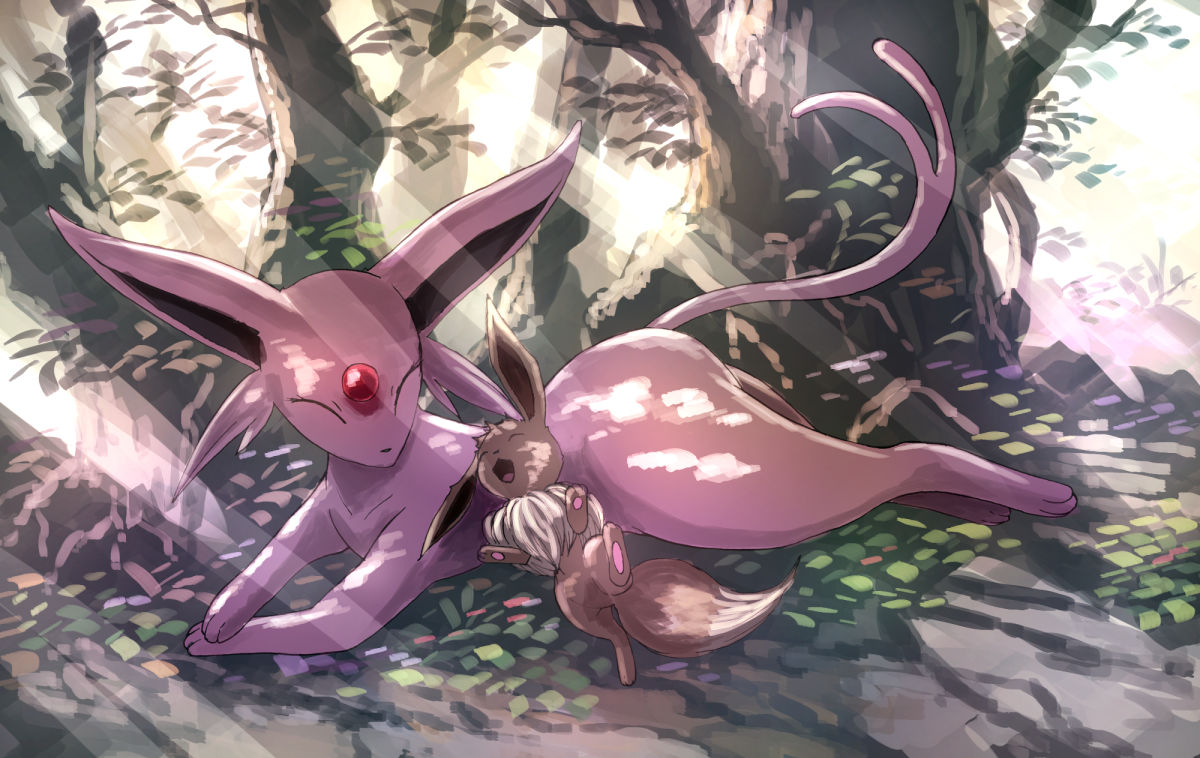 closed_eyes eevee espeon forest gen_1_pokemon gen_2_pokemon karamimame lying nature no_humans on_stomach outdoors pokemon sunlight