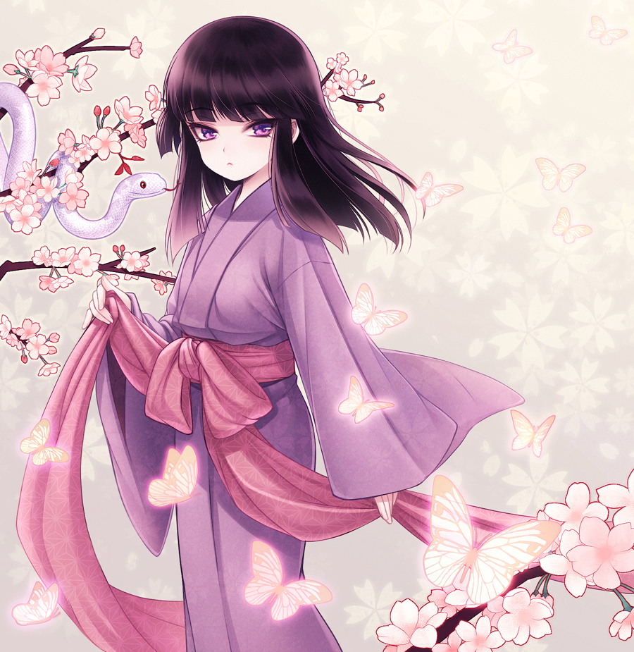 1girl bangs basilisk_(manga) black_hair blunt_bangs bug butterfly byuune cherry_blossoms closed_mouth eyebrows_visible_through_hair floating_hair flower hotarubi insect japanese_clothes kimono long_hair looking_at_viewer obi purple_kimono sash snake solo standing violet_eyes white_flower yukata