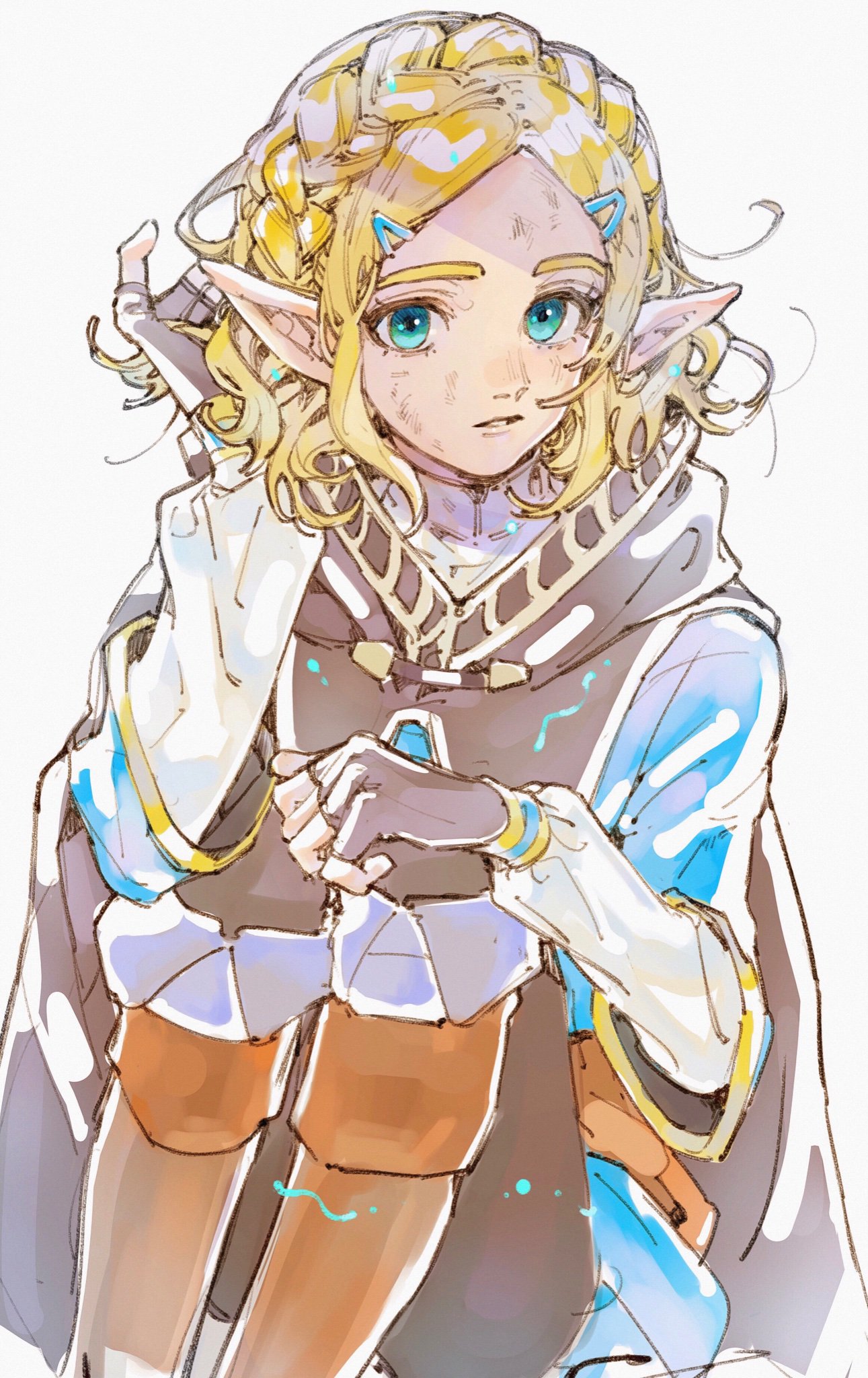 1boy arm_up blonde_hair blue_eyes boots braid coat daruma_owl fingerless_gloves forehead gloves hair_ornament hairpin highres hood hood_down knee_boots long_sleeves looking_at_viewer pants pointy_ears princess_zelda sitting solo the_legend_of_zelda