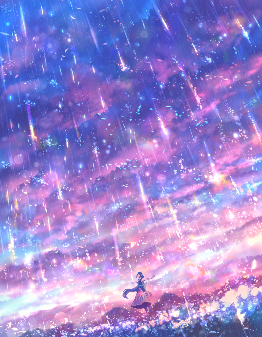 1girl arms_up clouds dutch_angle field flower flower_field lens_flare light_particles long_hair looking_up original purple_hair rain sakimori_(hououbds) scenery solo sparkle standing very_long_hair
