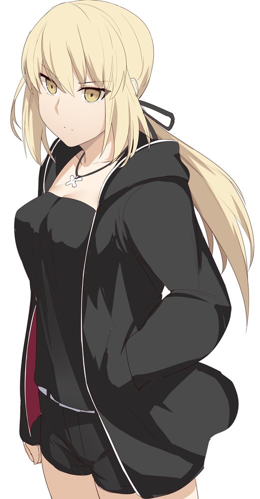 1girl artoria_pendragon_(all) black_jacket black_ribbon black_shorts blonde_hair breasts collarbone commentary eyebrows_visible_through_hair fate/stay_night fate_(series) frown jacket jewelry long_hair looking_at_viewer necklace ponytail ribbon saber_alter shirt shiseki_hirame shorts simple_background solo white_background yellow_eyes