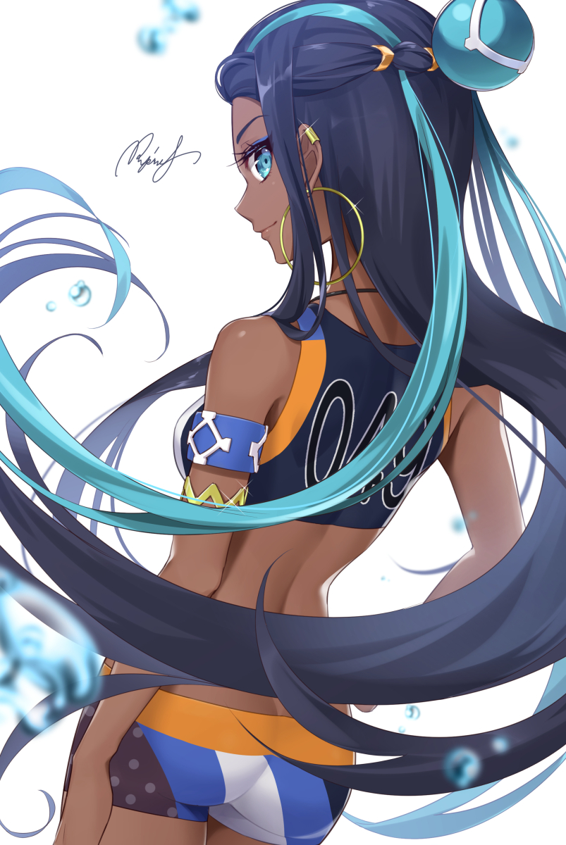 1girl aqua_eyes aqua_hair armlet bike_shorts black_hair closed_mouth dark_skin earrings from_behind hair_bun highres hoop_earrings jewelry long_hair looking_at_viewer looking_back multicolored_hair pokemon pokemon_(game) pokemon_swsh rupinesu rurina_(pokemon) signature simple_background smile solo sports_bra sportswear two-tone_hair white_background