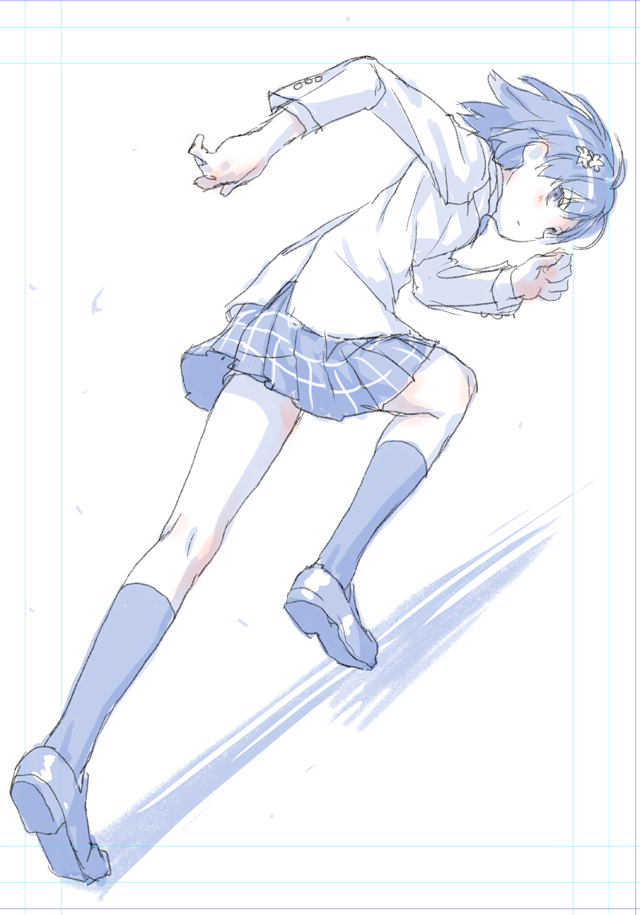 1girl blue_eyes blush closed_mouth commentary_request hair_ornament hairclip looking_back misaka_mikoto raika9 running school_uniform short_hair shorts shorts_under_skirt simple_background sketch skirt socks solo to_aru_kagaku_no_railgun to_aru_majutsu_no_index white_background