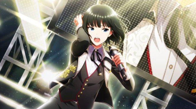 black_hair blue_eyes idolmaster_side-m_live_on_stage jacket kagura_rei short_hair singing